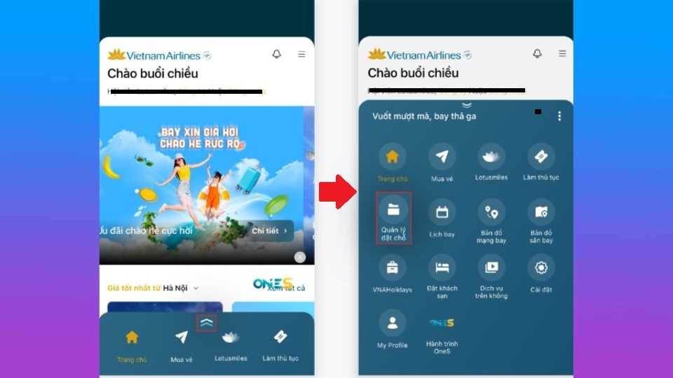 Vuốt mở thanh công cụ và chọn mục “Quản lý đặt chỗ”