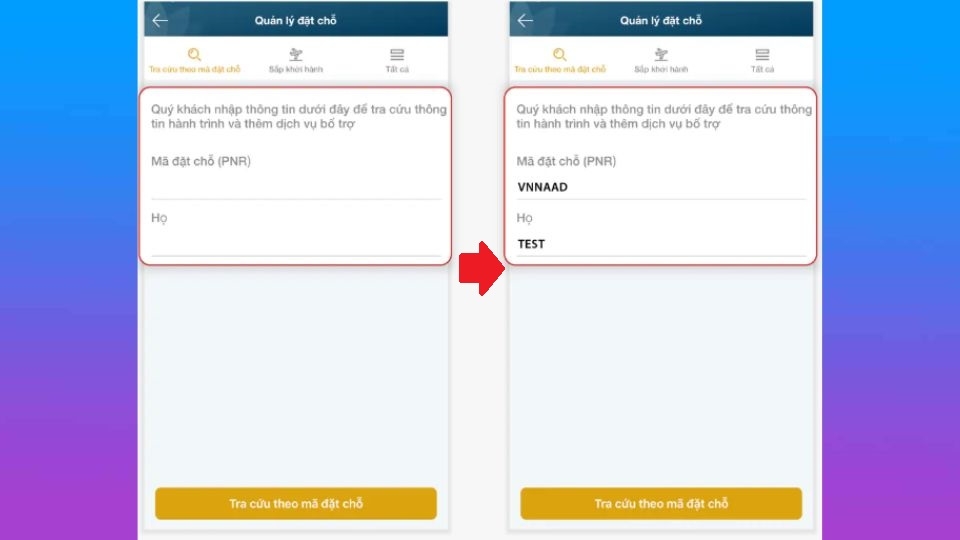 Nhập các thông tin theo yêu cầu và chọn “Tra cứu theo mã đặt chỗ”