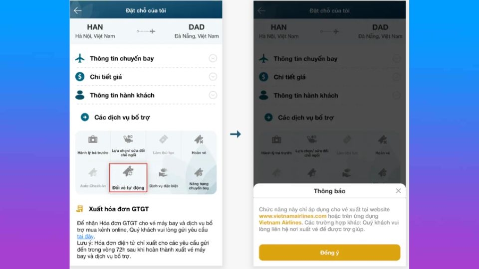 Vào phần “Các dịch vụ bổ trợ” và chọn “Đổi vé tự động”