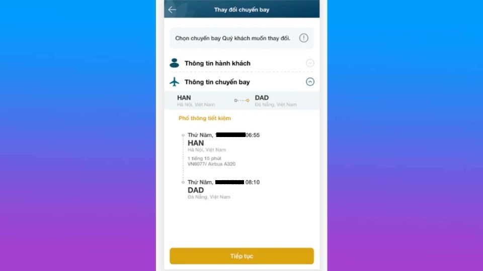 Chọn chuyến bay mới và chọn “Tiếp tục”