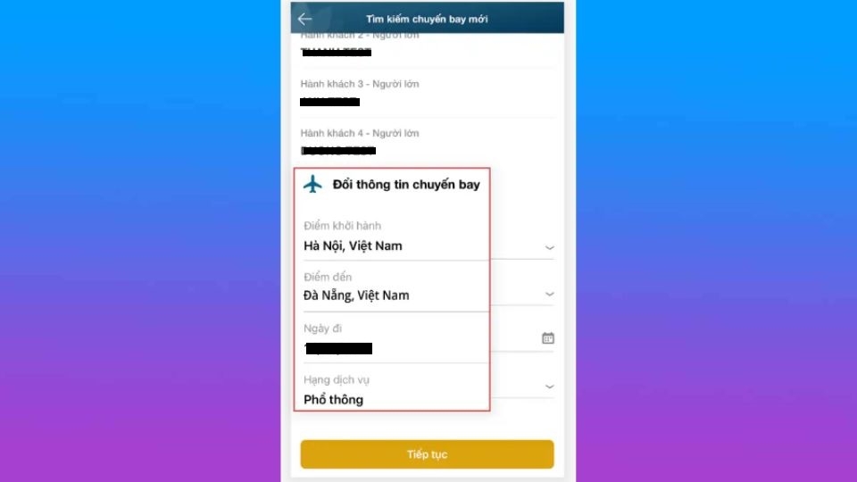 Chọn ngày và hành trình bay mới và chọn “Tiếp tục”