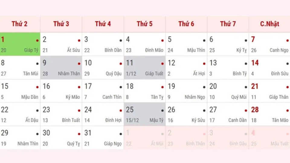 Lịch âm dương 2024 - Tháng 1