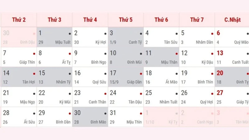 Lịch âm dương 2024 - Tháng 10
