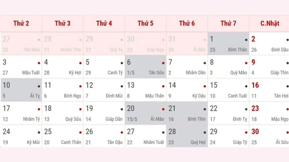 Lịch âm dương 2024 - Tháng 6