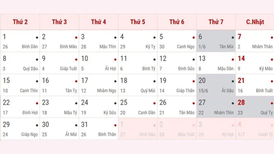 Lịch âm dương 2024 - Tháng 7