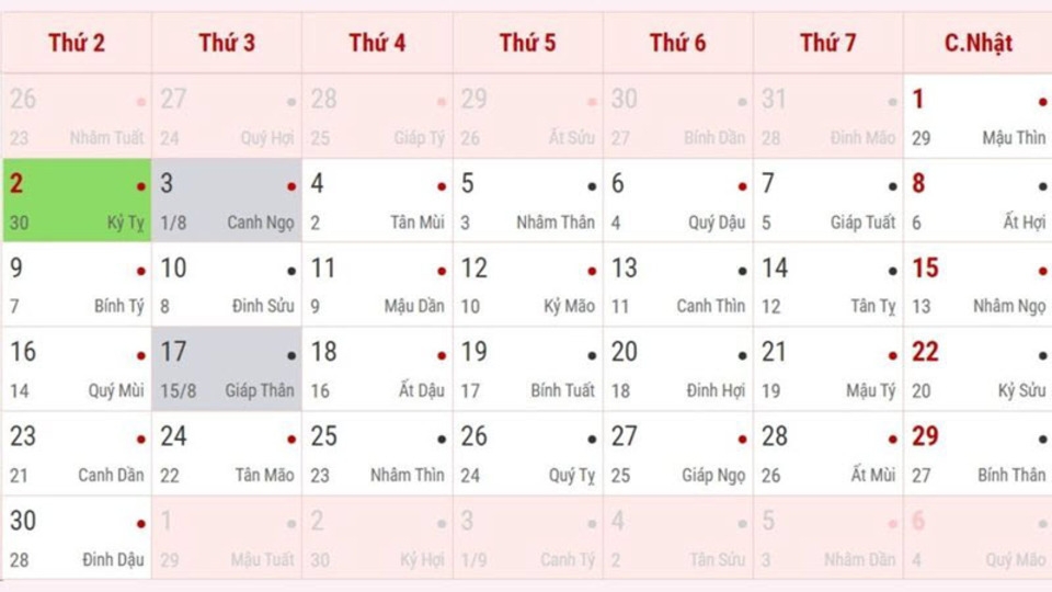 Lịch âm dương 2024 - Tháng 9