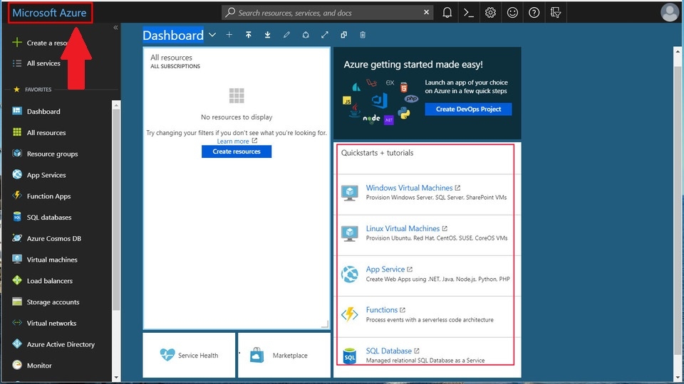 Truy cập vào Quickstarts + tutorials để xem hướng dẫn Azure
