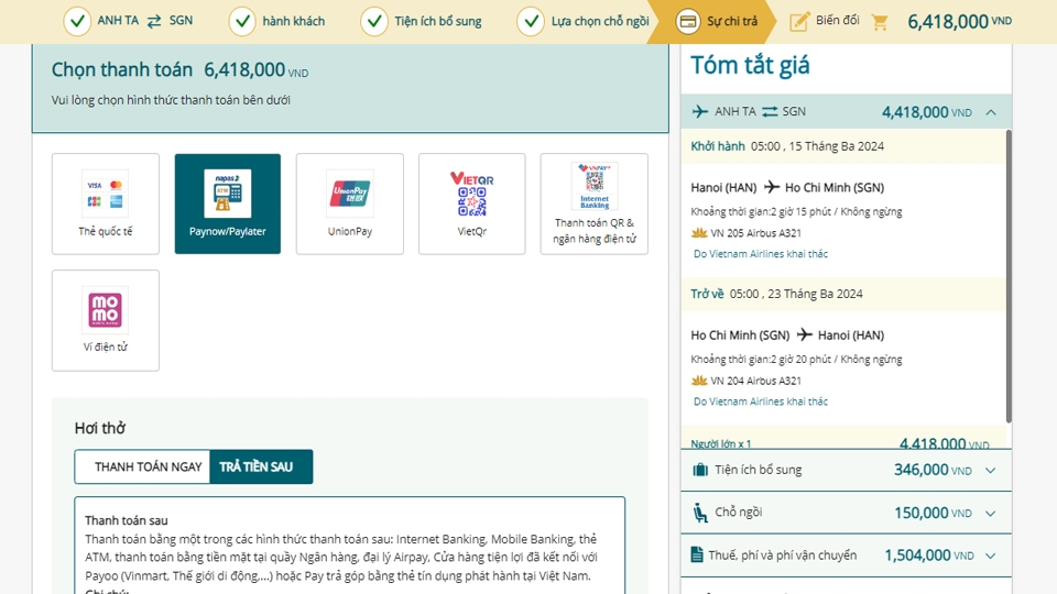Lựa chọn phương thức thanh toán vé máy bay Vietnam Airlines.