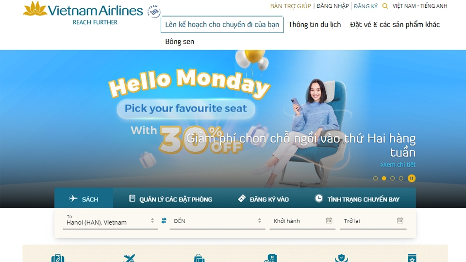 Truy cập trang chủ của hệ thống hãng hàng không Vietnam Airlines.