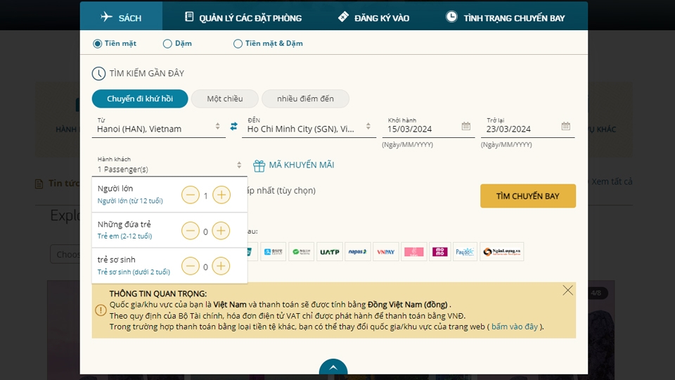 Tùy chọn hành trình bay cá nhân.