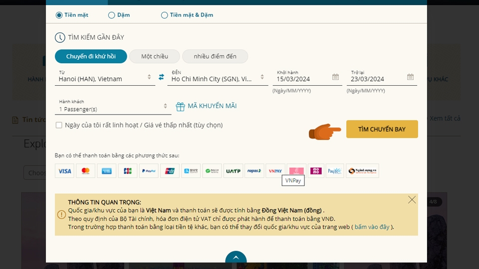 Nhấn chọn tìm chuyến bay để lựa chọn vé.