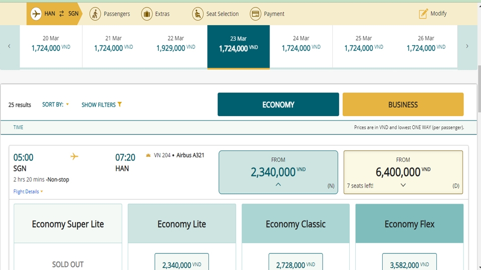 Chọn hạng vé và giá vé cho chiều về (khứ hồi).