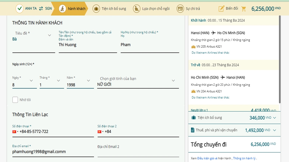 Nhập chính xác thông tin hành khách.