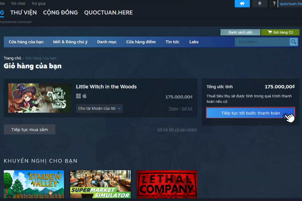 Nhấp vào nút Tiếp tục tới bước thanh toán để tiến hành thanh toán