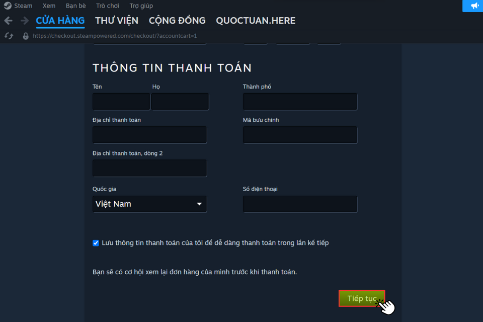 Lựa chọn phương thức thanh toán phù hợp và nhấn Tiếp tục để hoàn tất giao dịch