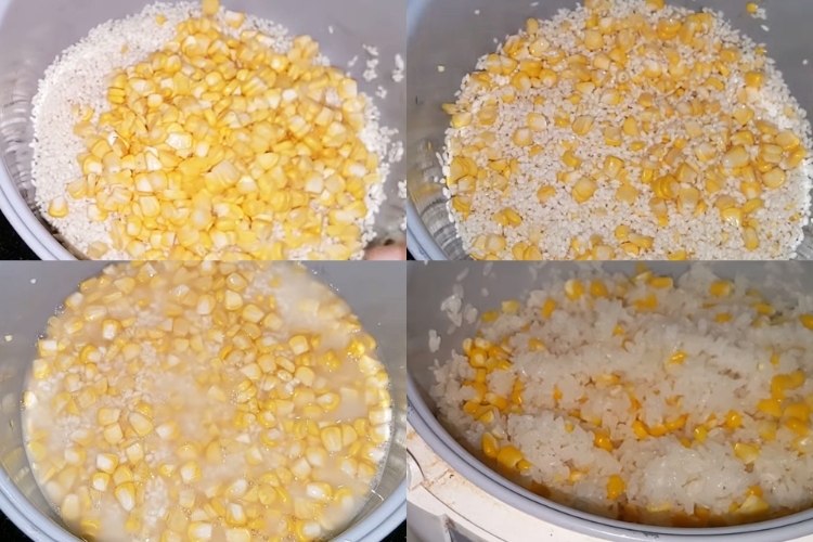 Trộn đều gạo nếp và bắp sau đó nấu xôi bắp
