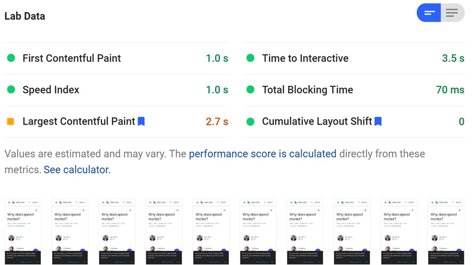 Lab data trên công cụ Pagespeed Insights