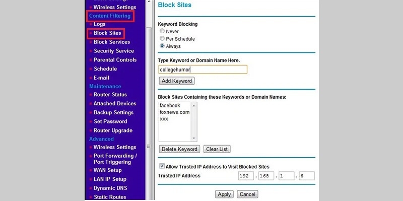 Bước 5: Vào Content Filtering → Chọn Block Sites