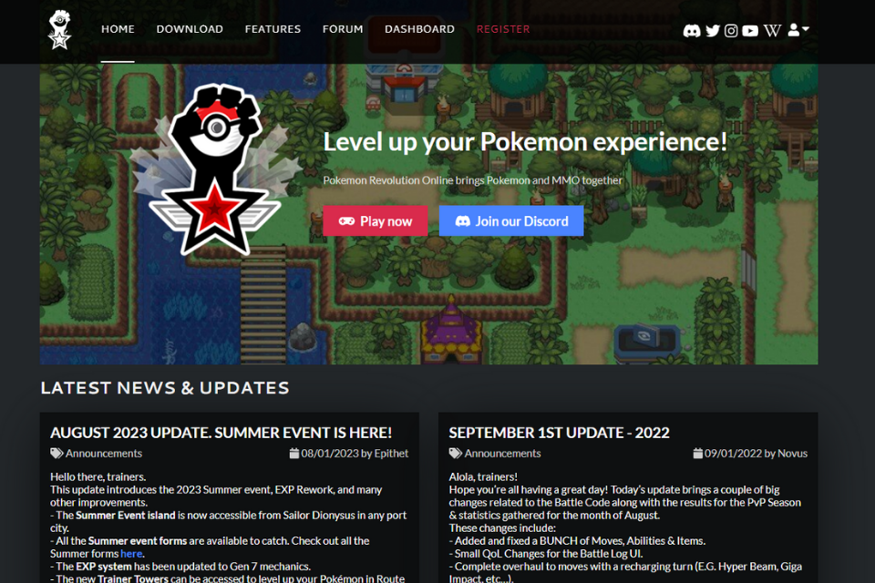 Truy cập vào trang chủ của Pokemon Revolution Online tại đây