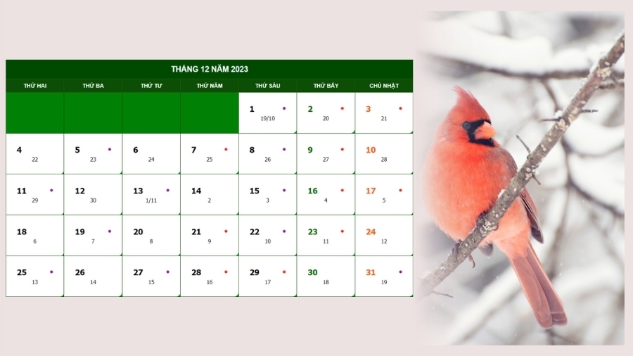 Lịch âm dương tháng 12 năm 2023