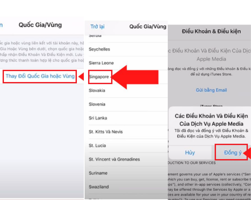 Các thao tác để chọn vùng lãnh thổ mới cho tài khoản AppStore
