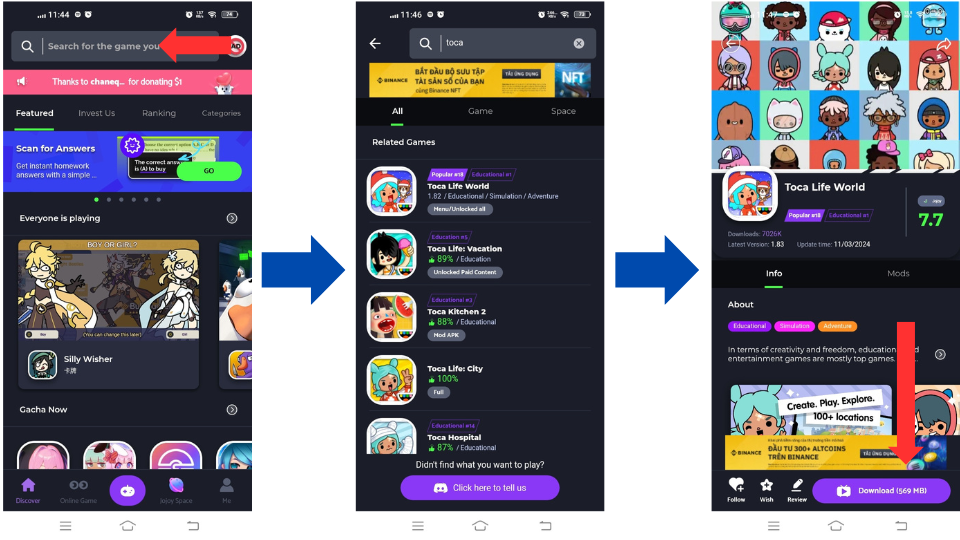 Hướng dẫn tải game Toca Boca - bước 1, 2 và 3.
