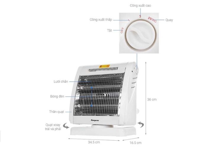 Đèn sưởi điện Halogen 2 bóng Kangaroo KG1018C