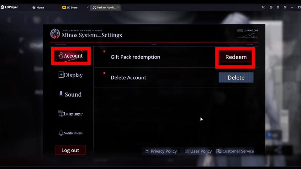 Lần lượt chọn Account rồi sau đó nhấn Redeem