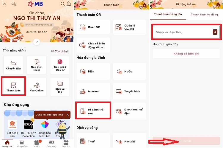 Thanh toán cước thuê bao trả sau Viettel trên ứng dụng Internet Banking