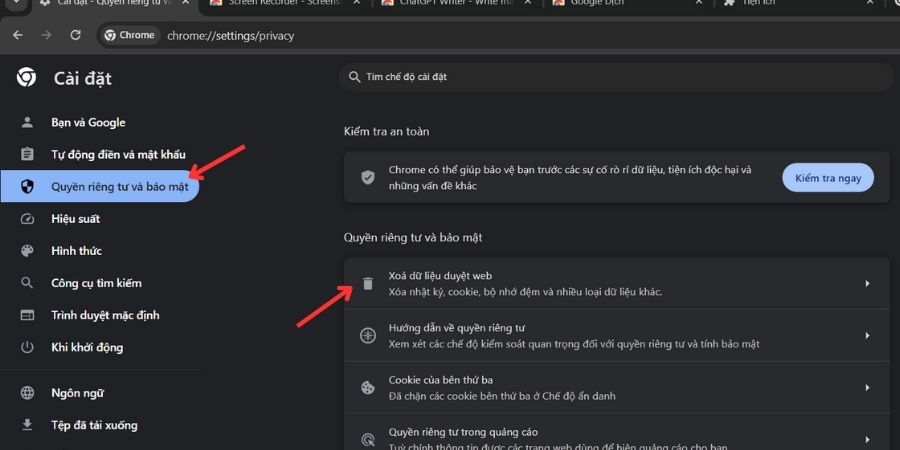 Xóa bộ nhớ cache và dữ liệu duyệt web khác