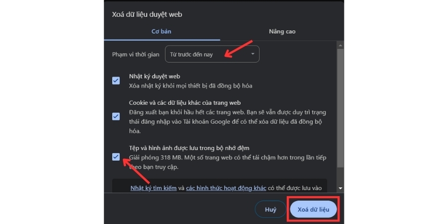 Xóa bộ nhớ cache và dữ liệu duyệt web khác 2