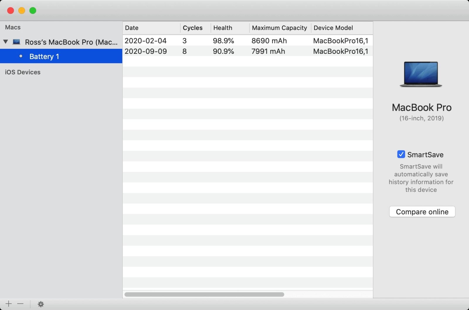 kiểm tra pin macbook so sánh dữ liệu pin