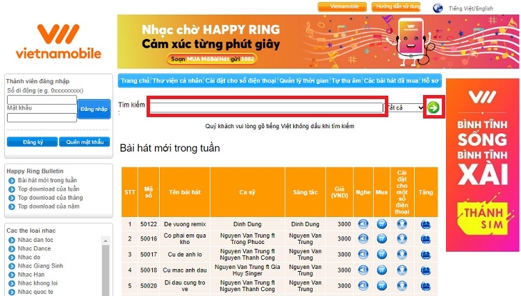 Tìm mã số bài hát nhạc chờ Vietnamobile yêu thích