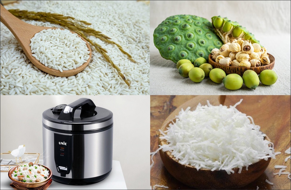 Nguyên liệu và dụng cụ cần để&nbsp;nấu xôi hạt sen bằng nồi cơm điện