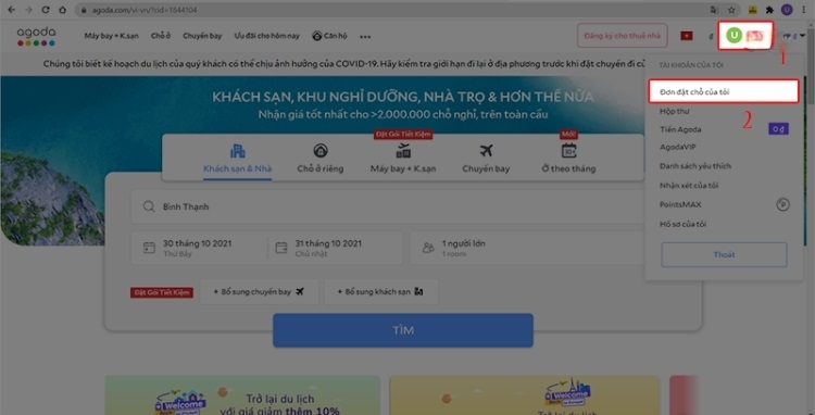 Nhấn vào tài khoản và chọn đơn đặt chỗ của tôi