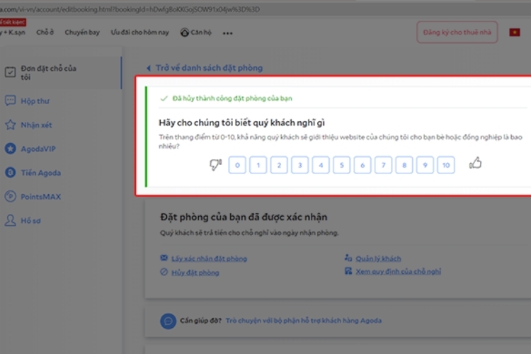 Xem kết quả hủy phòng được thông báo ngay sau đó