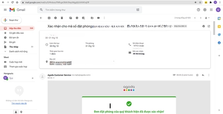 Mở thư xác nhận đặt phòng trong tài khoản Gmail của bạn