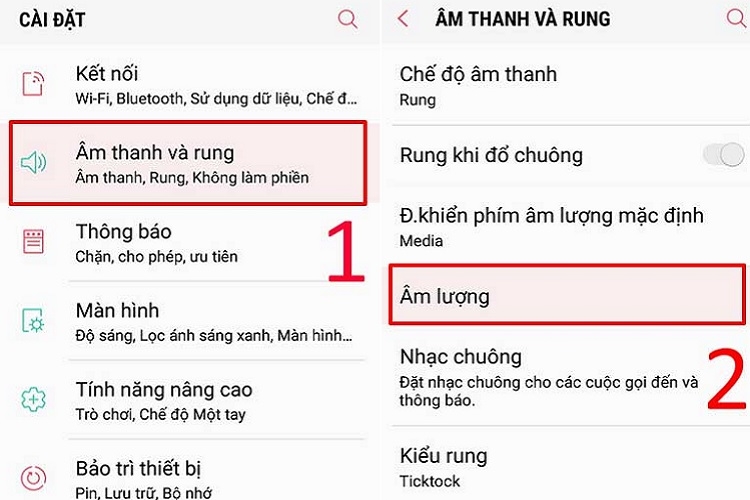 Chọn Âm thanh và rung rồi nhấn Âm lượng