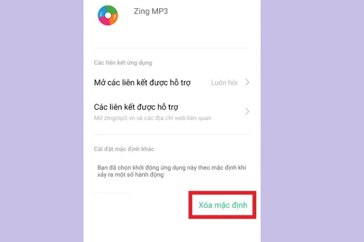Nhấn vào Xoá mặc định
