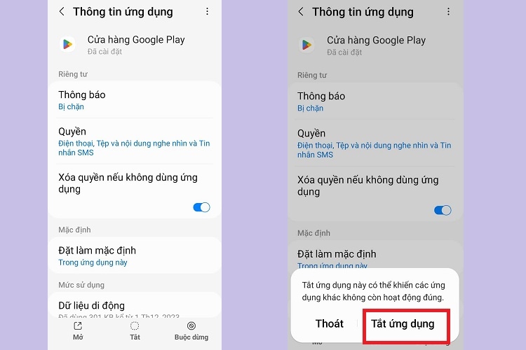 Chọn Tắt ứng dụng để vô hiệu hoá ứng dụng