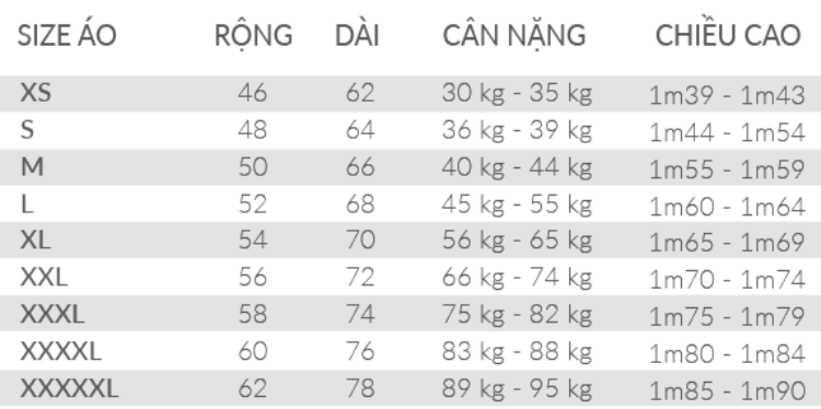 Bảng size áo hoodie nữ