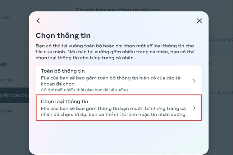 Chọn mục Chọn loại thông tin