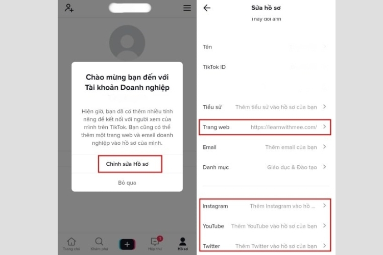 Nhấn vào ô Chỉnh sửa hồ sơ rồi chèn link mong muốn
