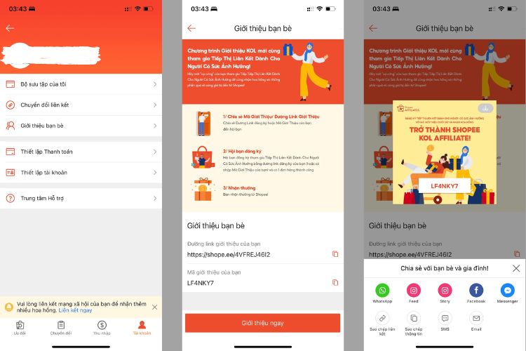 Cách lấy mã giới thiệu KOL Shopee