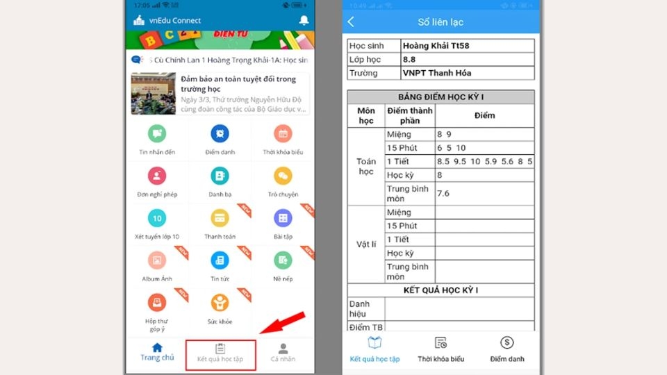 Cách sử dụng vnEdu Connect tra cứu điểm