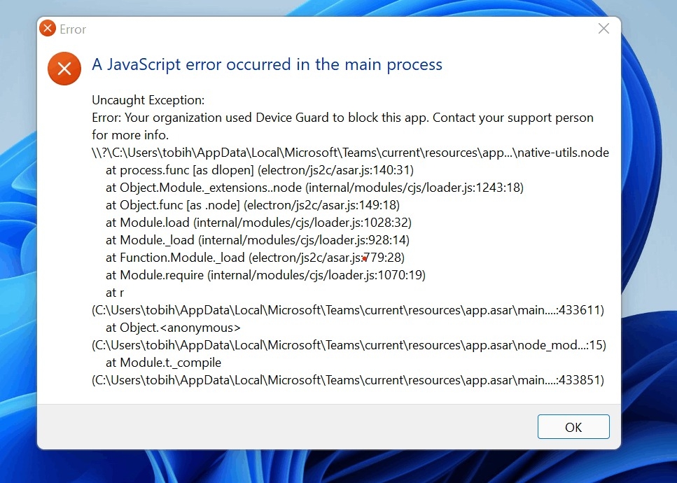 “A JavaScript error occurred in the main process” là lỗi gì?