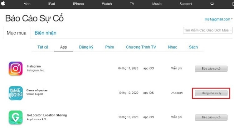 Yêu cầu hoàn tiền đã được Apple tiếp nhận và đang được xử lý