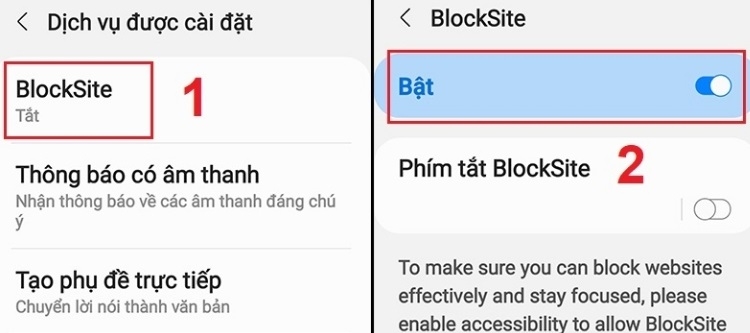 Bật cho phép BlockSite