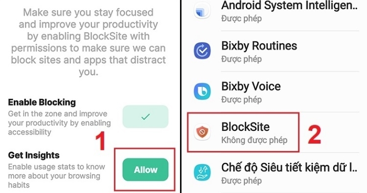 Thực hiện cho phép ứng dụng BlockSite truy cập dữ liệu sử dụng điện thoại