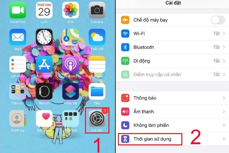 Vào Cài đặt, chọn Thời gian sử dụng